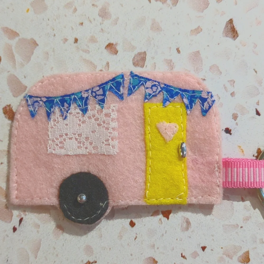 Happy Camper Key Fob Handcrafted Canvas Message Felt Applique Lace Bead | New #8